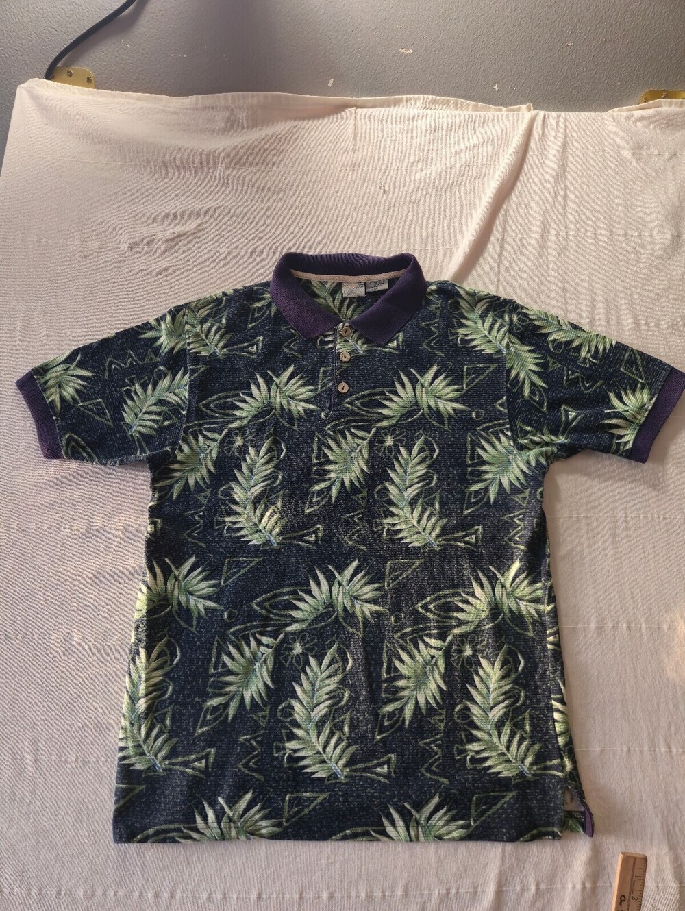 Vintage 90s Op Sport Men's Medium Cotton Polo Shirt with Tropical Leaf Pattern